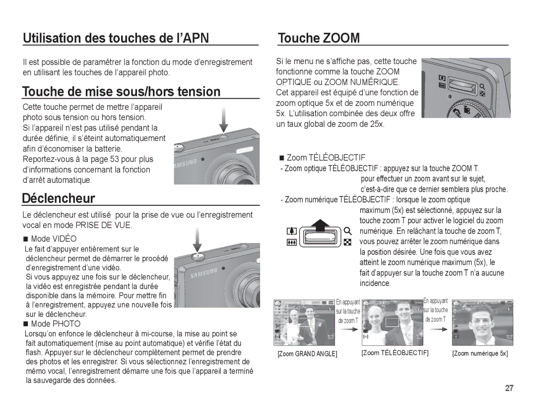 Samsung EC-PL65ZBBP/FR manual Utilisation des touches de l’APN, Touche de mise sous/hors tension, Déclencheur, Touche Zoom 