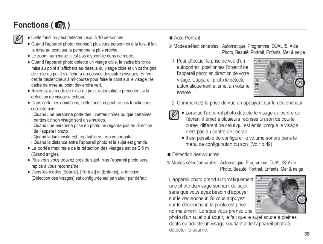 Samsung EC-PL65ZRBP/FR manual Auto Portrait, Détection des sourires, Cette fonction peut détecter jusqu’à 10 personnes 