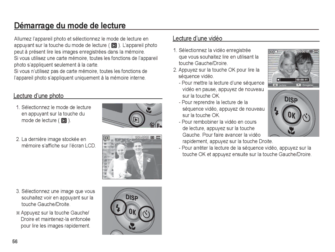 Samsung EC-PL65ZSBP/FR, EC-PL65ZRBP/FR manual Démarrage du mode de lecture, Lecture d’une photo, Lecture d’une vidéo 