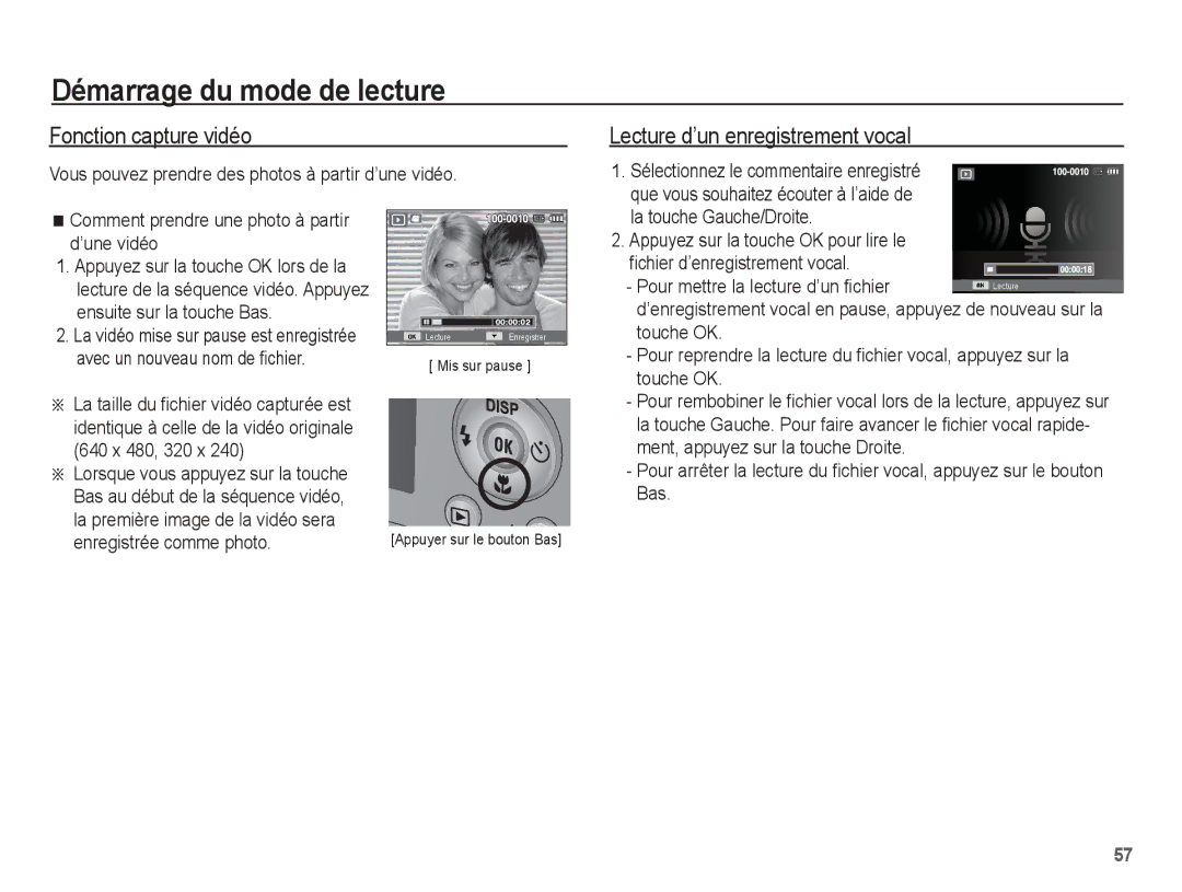 Samsung EC-PL65ZBBP/FR manual Fonction capture vidéo, Lecture d’un enregistrement vocal, Ment, appuyez sur la touche Droite 