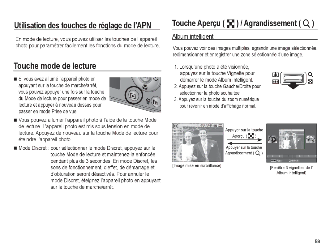 Samsung EC-PL65ZRBP/FR, EC-PL65ZABP/FR manual Touche mode de lecture, Touche Aperçu º / Agrandissement í, Album intelligent 