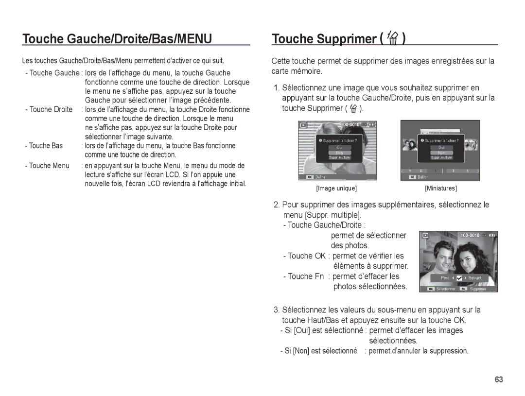 Samsung EC-PL65ZPBP/FR, EC-PL65ZRBP/FR Touche Gauche/Droite/Bas/MENU, Touche Supprimer Õ, Touche Fn permet d’effacer les 