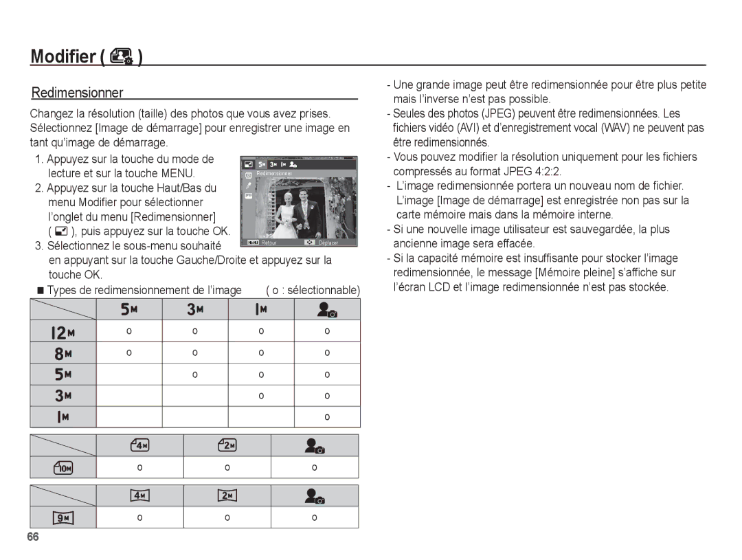 Samsung EC-PL65ZSBP/FR, EC-PL65ZRBP/FR Redimensionner, Lecture et sur la touche Menu, Menu Modifier pour sélectionner 