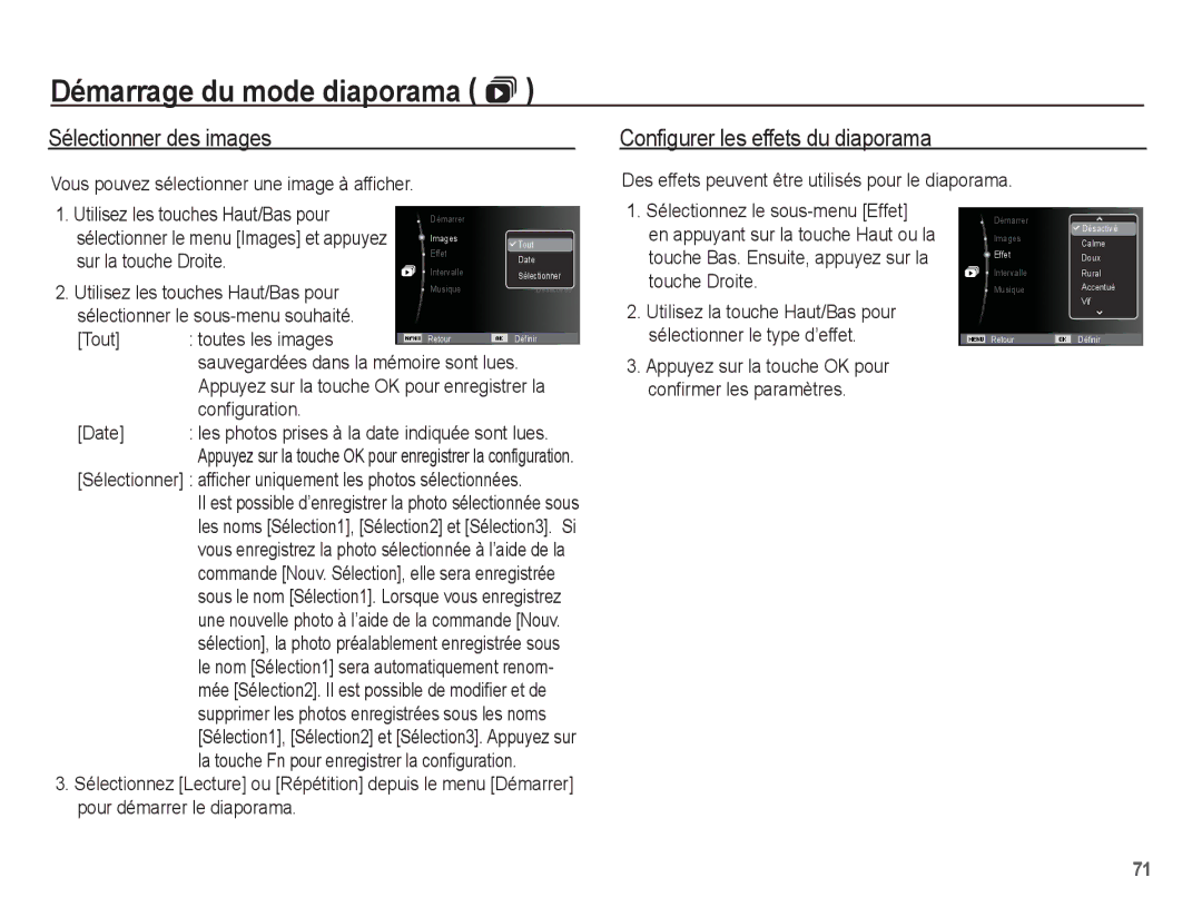 Samsung EC-PL65ZSBP/FR, EC-PL65ZRBP/FR, EC-PL65ZABP/FR manual Sélectionner des images, Configurer les effets du diaporama 