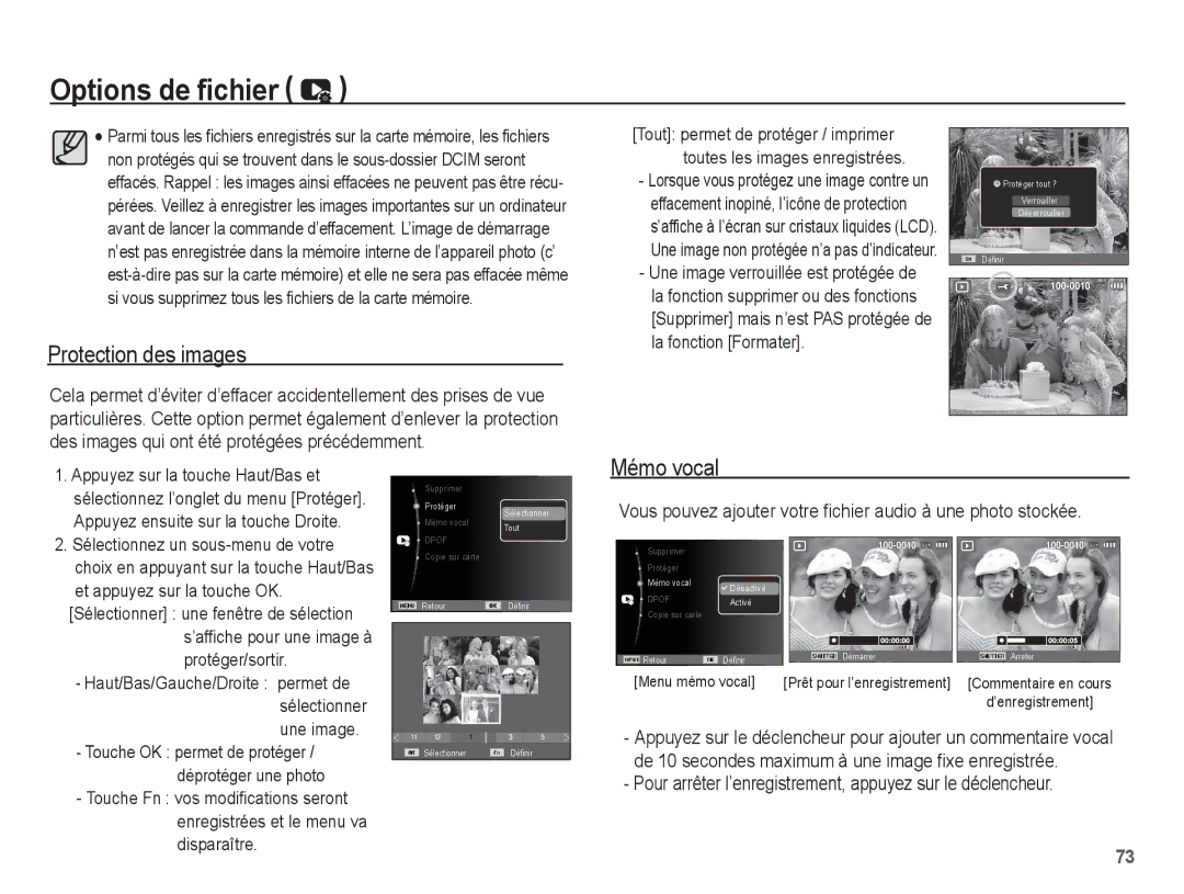 Samsung EC-PL65ZPBP/FR Protection des images, Mémo vocal, Vous pouvez ajouter votre fichier audio à une photo stockée 