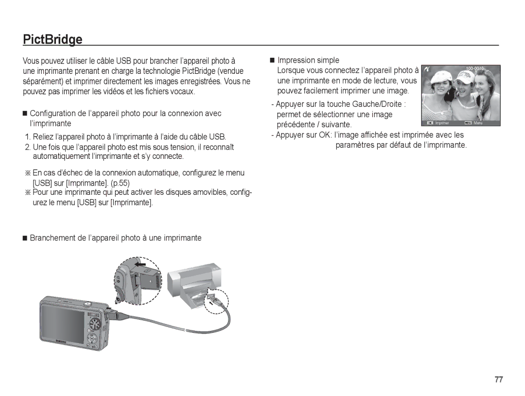 Samsung EC-PL65ZBBP/FR, EC-PL65ZRBP/FR, EC-PL65ZABP/FR, EC-PL65ZSBP/FR, EC-PL65ZPBP/FR manual PictBridge, Précédente / suivante 