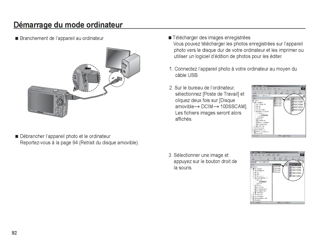 Samsung EC-PL65ZBBP/FR manual Branchement de l’appareil au ordinateur, Télécharger des images enregistrées, La souris 