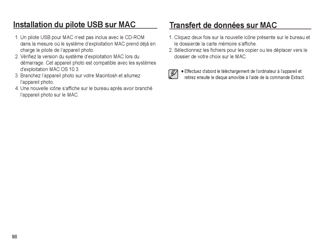 Samsung EC-PL65ZPBP/FR, EC-PL65ZRBP/FR, EC-PL65ZABP/FR Installation du pilote USB sur MAC, Transfert de données sur MAC 