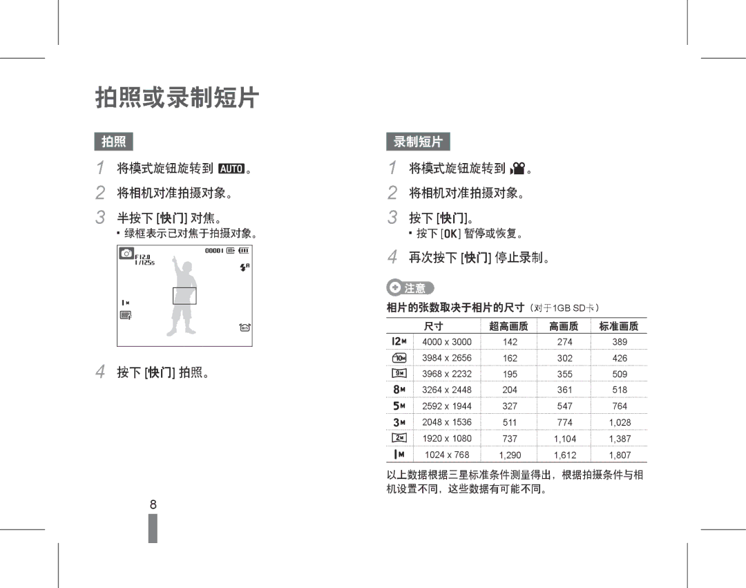 Samsung EC-PL70ZZBCPE1, EC-PL70ZZBPBE3, EC-PL70ZZBPPE3, EC-PL70ZZBPSE3, EC-PL70ZZBPRE3, EC-PL70ZZBPSE2, EC-PL70ZZBPPGB 拍照或录制短片 