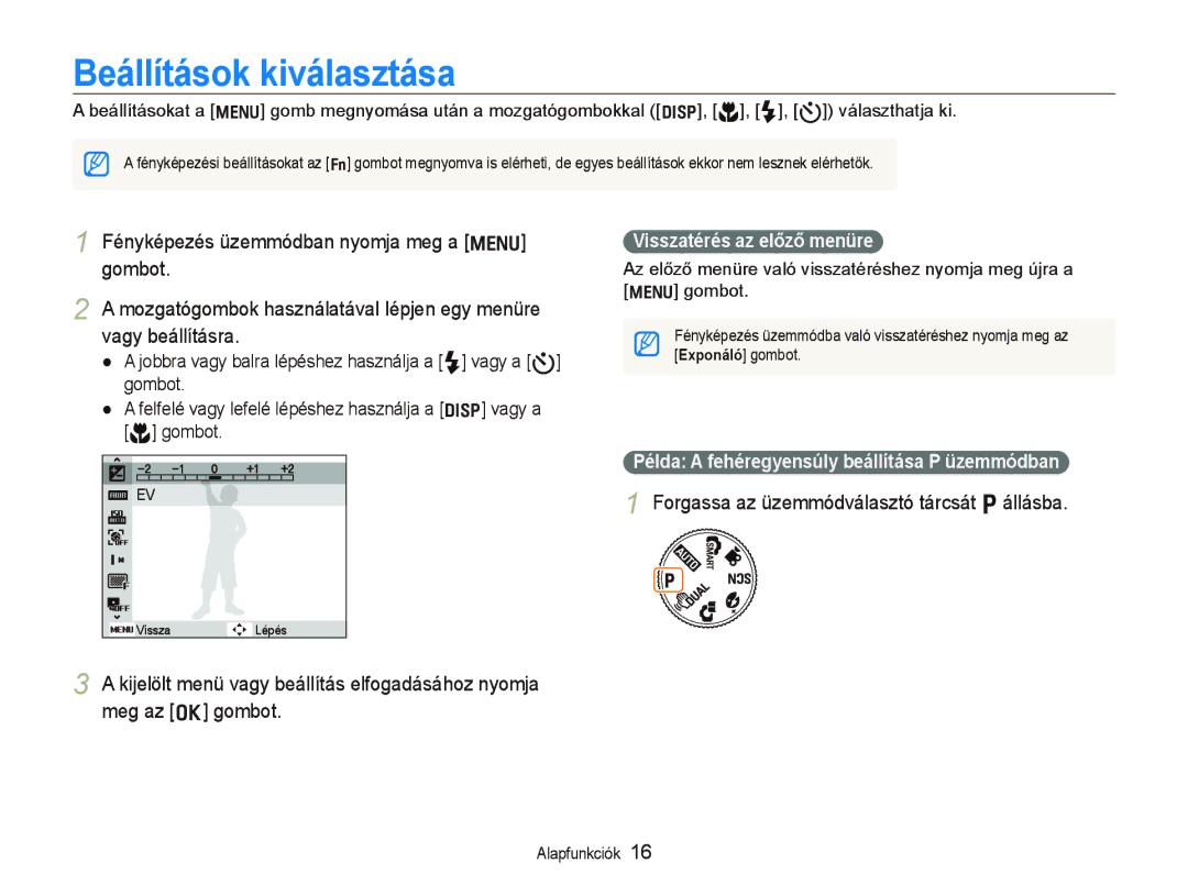 Samsung EC-PL70ZZBPBE3, EC-PL70ZZBCPE1, EC-PL70ZZBPPE3, EC-PL70ZZBPSE3, EC-PL70ZZBPRE3 manual Beállítások kiválasztása 