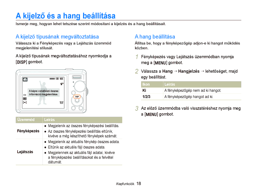 Samsung EC-PL70ZZBPSE3, EC-PL70ZZBCPE1 Kijelző és a hang beállítása, Kijelző típusának megváltoztatása, Hang beállítása 