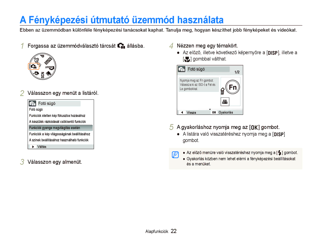 Samsung EC-PL70ZZBPSE1 manual Fényképezési útmutató üzemmód használata, Válasszon egy almenüt Nézzen meg egy témakört 