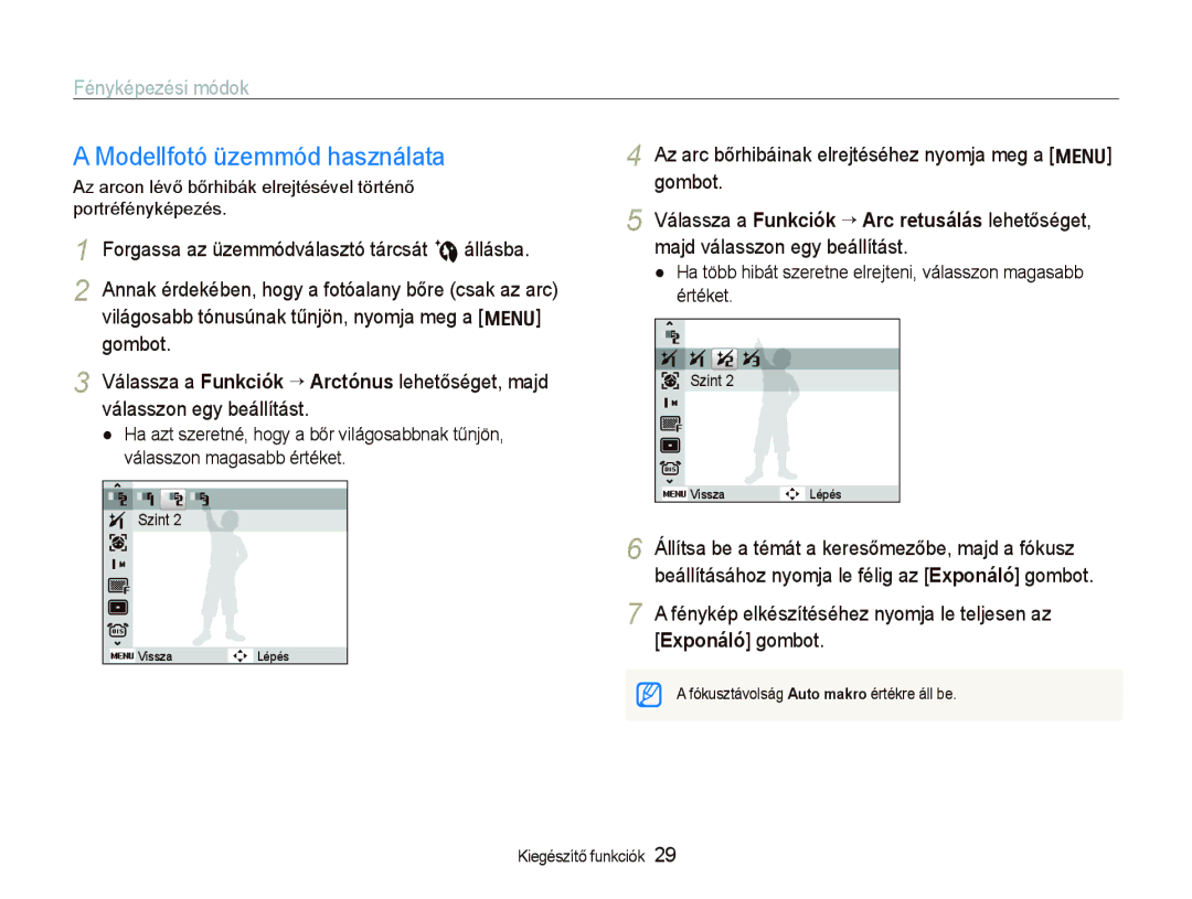 Samsung EC-PL70ZZBPPGB manual Modellfotó üzemmód használata, Az arc bőrhibáinak elrejtéséhez nyomja meg a m gombot 