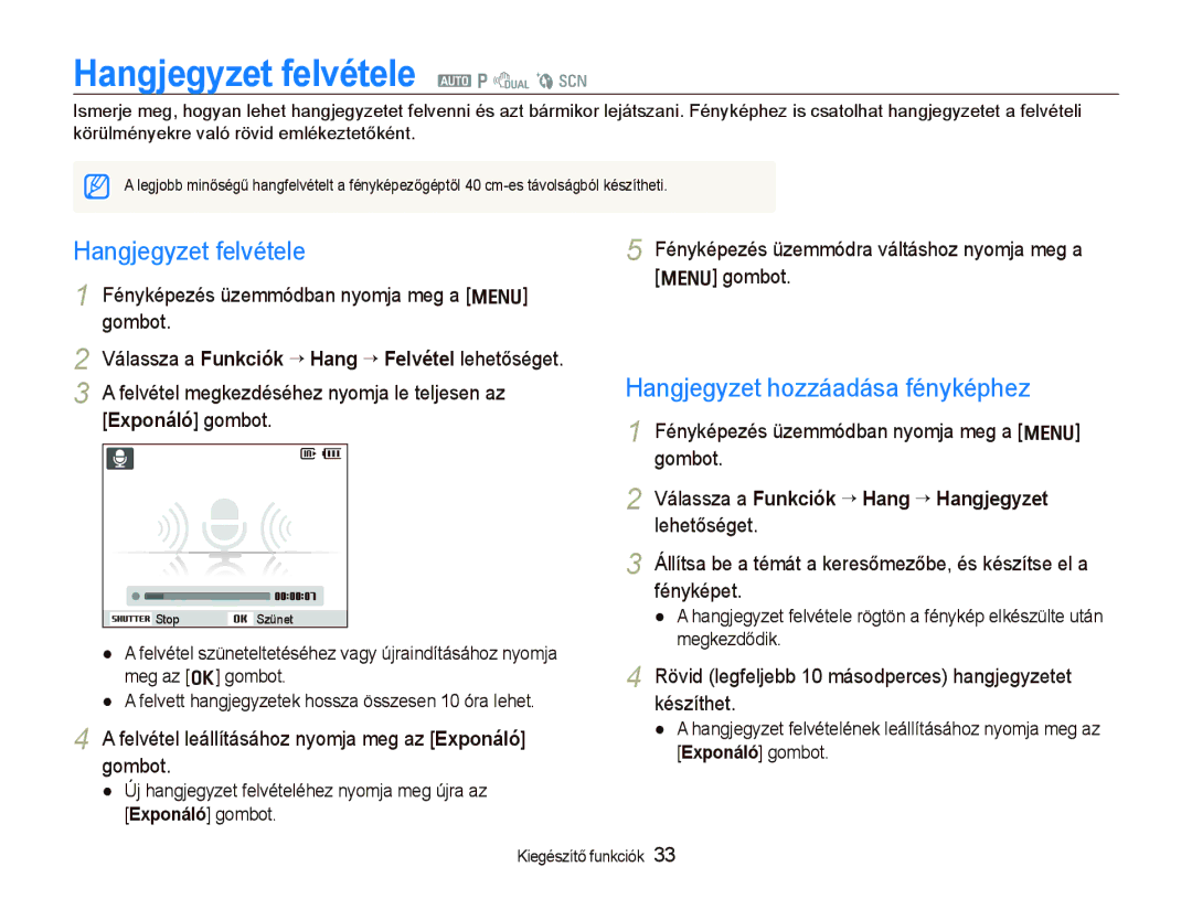 Samsung EC-PL70ZZBPPE3, EC-PL70ZZBCPE1, EC-PL70ZZBPBE3 Hangjegyzet felvétele a p d b s, Hangjegyzet hozzáadása fényképhez 