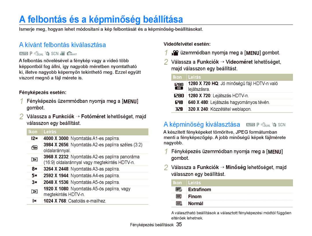 Samsung EC-PL70ZZBPRE3, EC-PL70ZZBCPE1, EC-PL70ZZBPBE3 Felbontás és a képminőség beállítása, Kívánt felbontás kiválasztása 