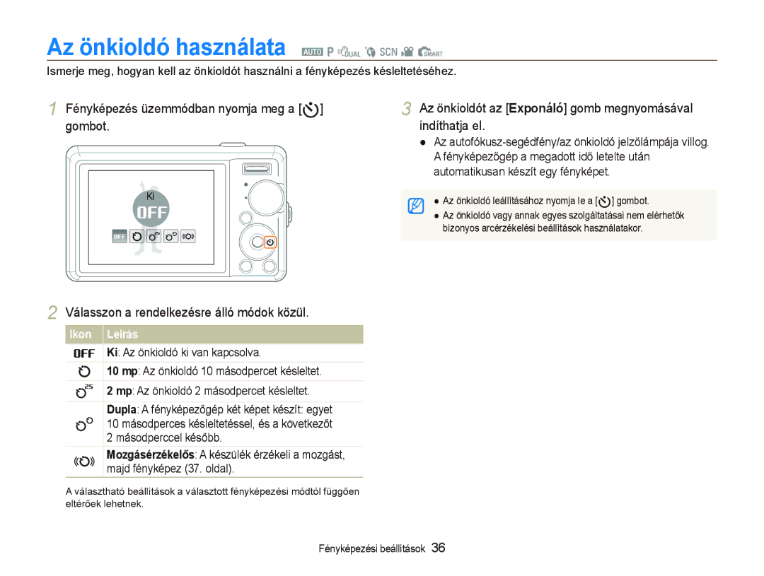 Samsung EC-PL70ZZBPSE2, EC-PL70ZZBCPE1 Az önkioldó használata a p d b s v S, Válasszon a rendelkezésre álló módok közül 