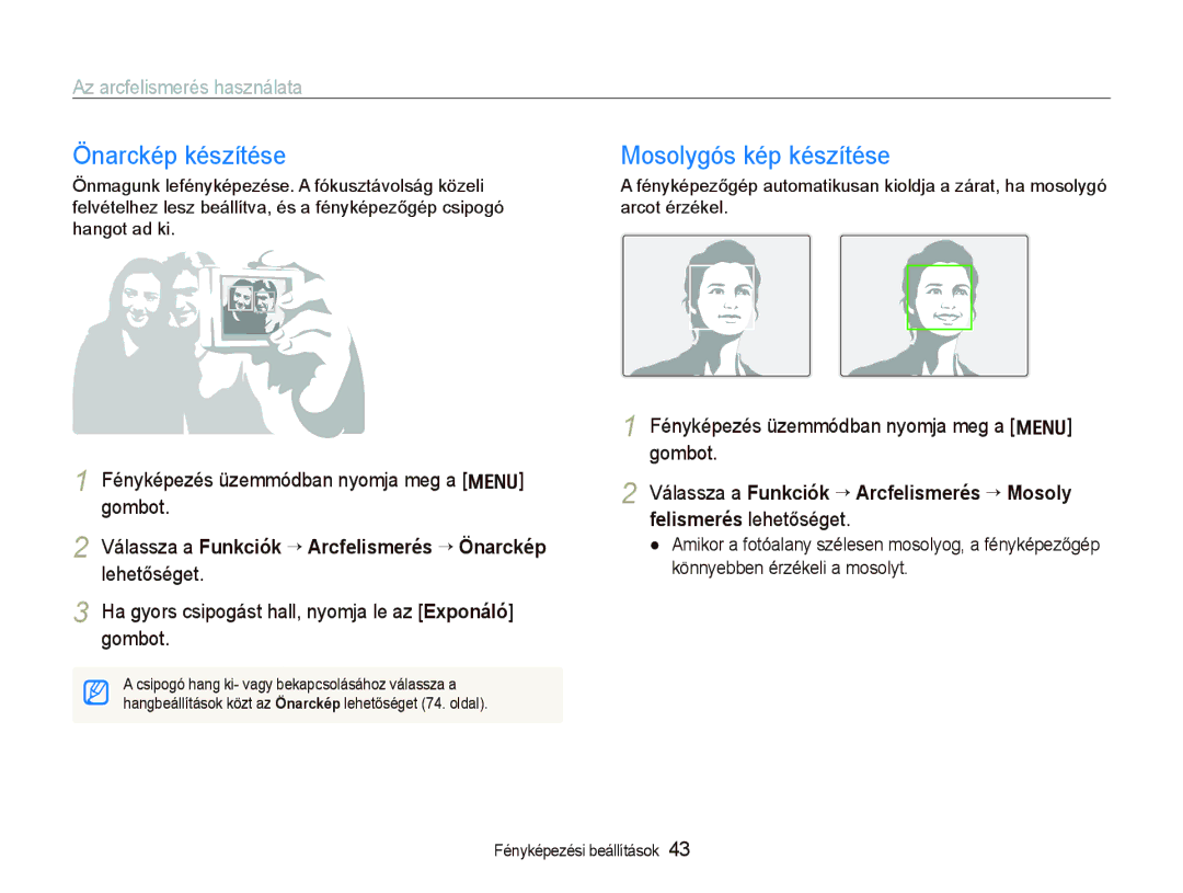 Samsung EC-PL70ZZBPRE3, EC-PL70ZZBCPE1 manual Önarckép készítése, Mosolygós kép készítése, Az arcfelismerés használata 