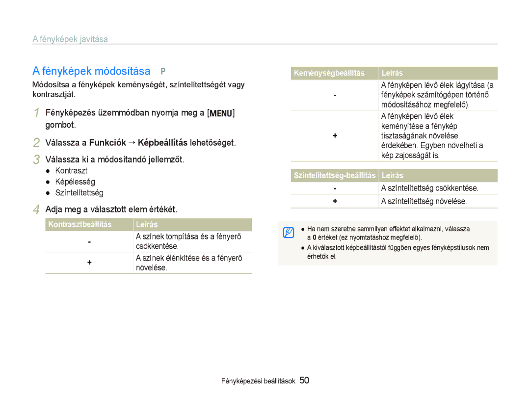 Samsung EC-PL70ZZBPSE3, EC-PL70ZZBCPE1 manual Fényképek módosítása p, Fényképek javítása, Adja meg a választott elem értékét 