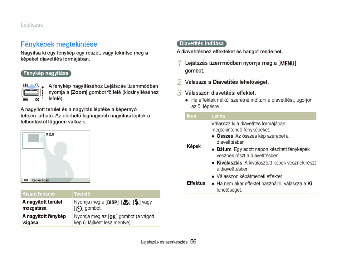 Samsung EC-PL70ZZBPBE3 manual Fényképek megtekintése, Fénykép nagyítása Diavetítés indítása, Kívánt funkció Teendő, Képek 