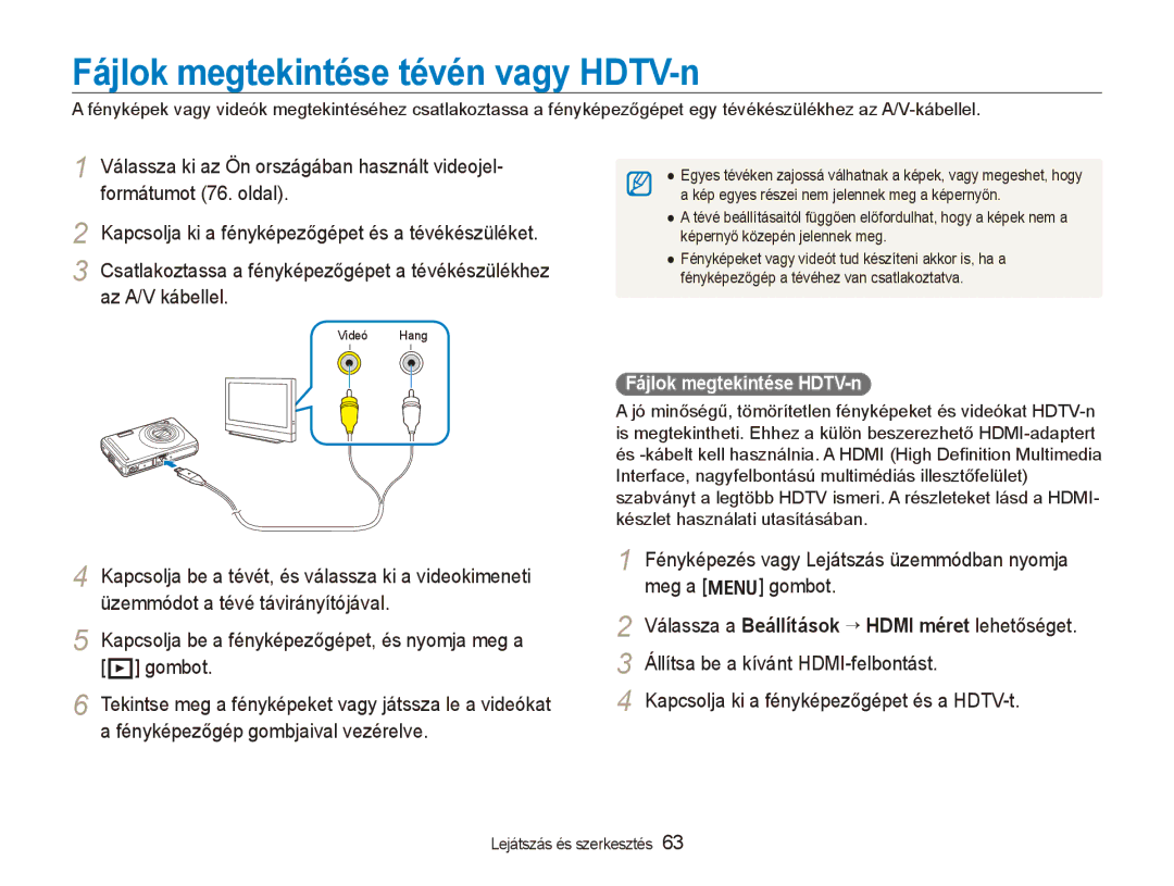 Samsung EC-PL70ZZBCPE1 manual Fájlok megtekintése tévén vagy HDTV-n, Válassza a Beállítások → Hdmi méret lehetőséget 