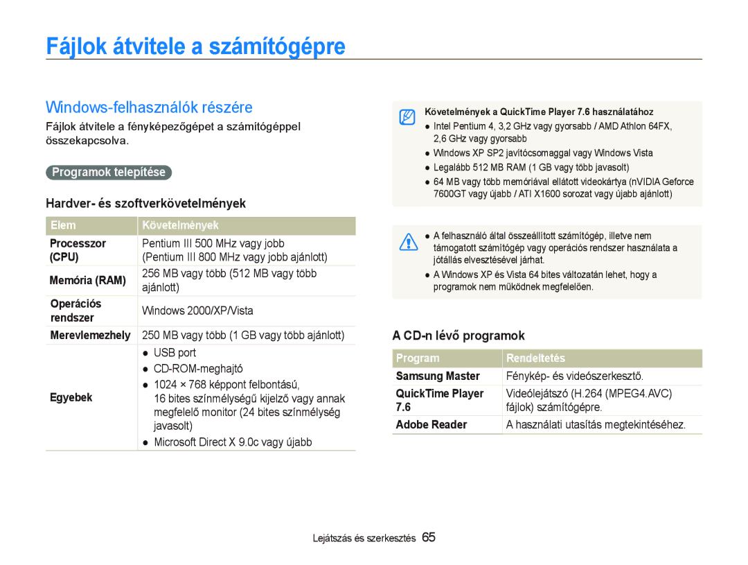 Samsung EC-PL70ZZBPPE3 Fájlok átvitele a számítógépre, Windows-felhasználók részére, Hardver- és szoftverkövetelmények 