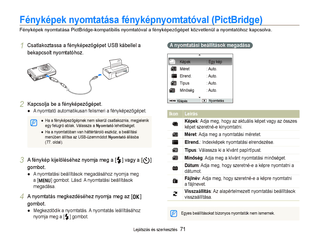 Samsung EC-PL70ZZBCPE1 manual Fényképek nyomtatása fényképnyomtatóval PictBridge, Nyomtatás megkezdéséhez nyomja meg az o 