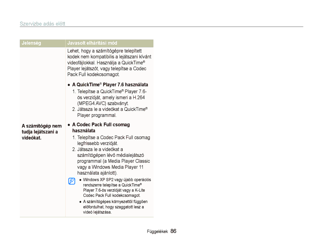 Samsung EC-PL70ZZBPSE1, EC-PL70ZZBCPE1 manual Jelenség, QuickTime Player 7.6 használata, Codec Pack Full csomag használata 