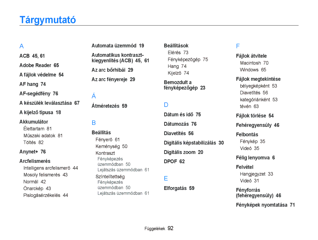 Samsung EC-PL70ZZBPSE2, EC-PL70ZZBCPE1, EC-PL70ZZBPBE3, EC-PL70ZZBPPE3, EC-PL70ZZBPSE3, EC-PL70ZZBPRE3 manual Tárgymutató 