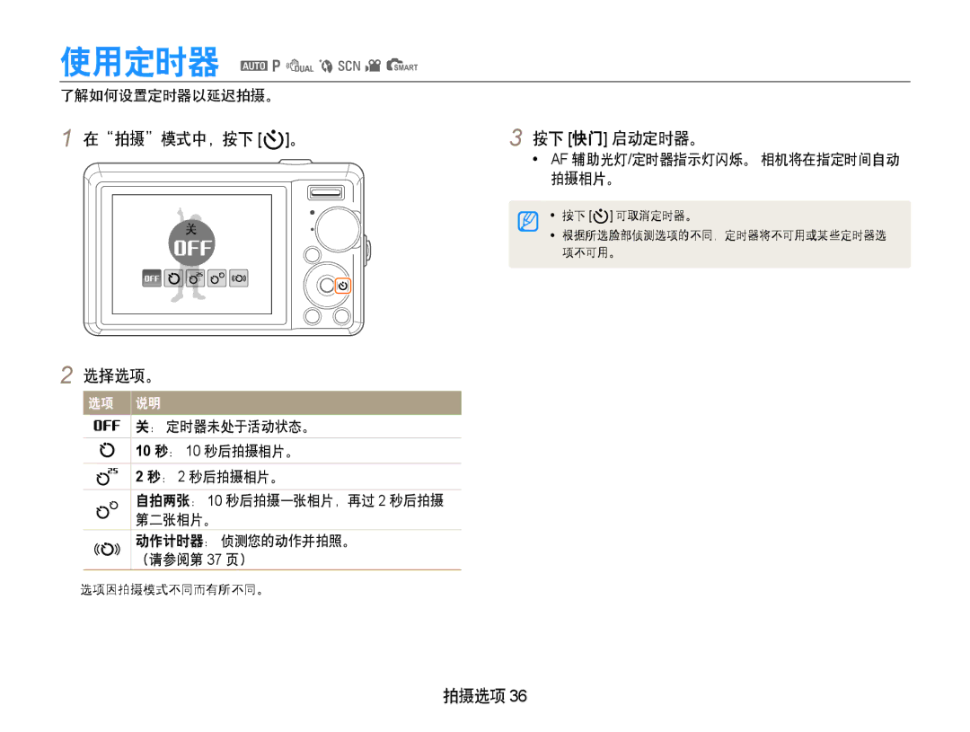 Samsung EC-PL70ZZBPSE2, EC-PL70ZZBCPE1, EC-PL70ZZBPBE3, EC-PL70ZZBPPE3 manual 在拍摄模式中，按下 t。 按下 快门 启动定时器。, 了解如何设置定时器以延迟拍摄。 