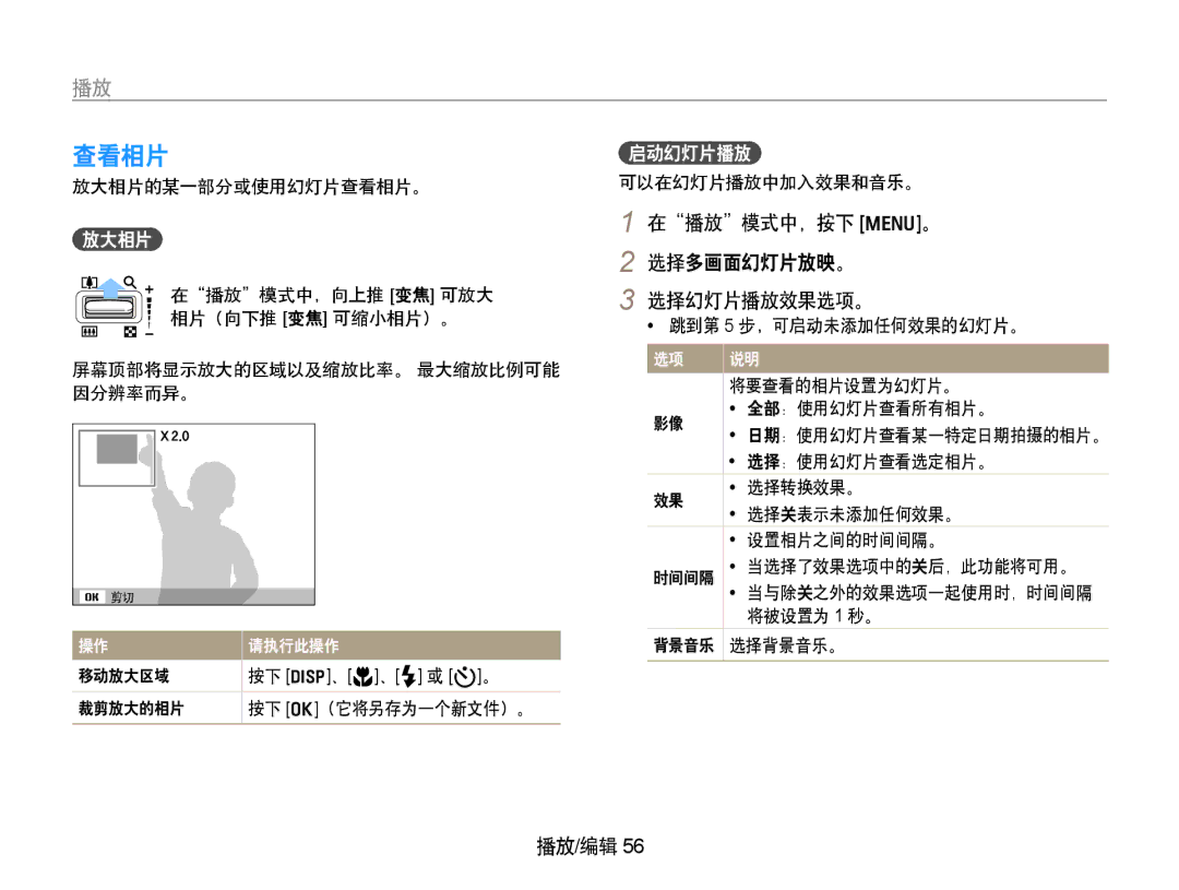 Samsung EC-PL70ZZBPBE3, EC-PL70ZZBCPE1, EC-PL70ZZBPPE3, EC-PL70ZZBPSE3 查看相片, 在播放模式中，按下 m。 2 选择多画面幻灯片放映。 选择幻灯片播放效果选项。, 放大相片 