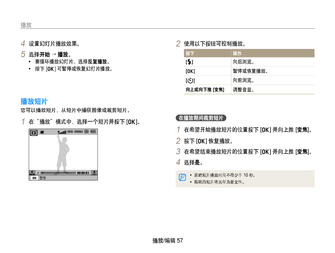 Samsung EC-PL70ZZBPPE3, EC-PL70ZZBCPE1 manual 播放短片, 设置幻灯片播放效果。 选择开始 → 播放。, 使用以下按钮可控制播放。, 在播放模式中，选择一个短片并按下 o。, 在播放期间裁剪短片 