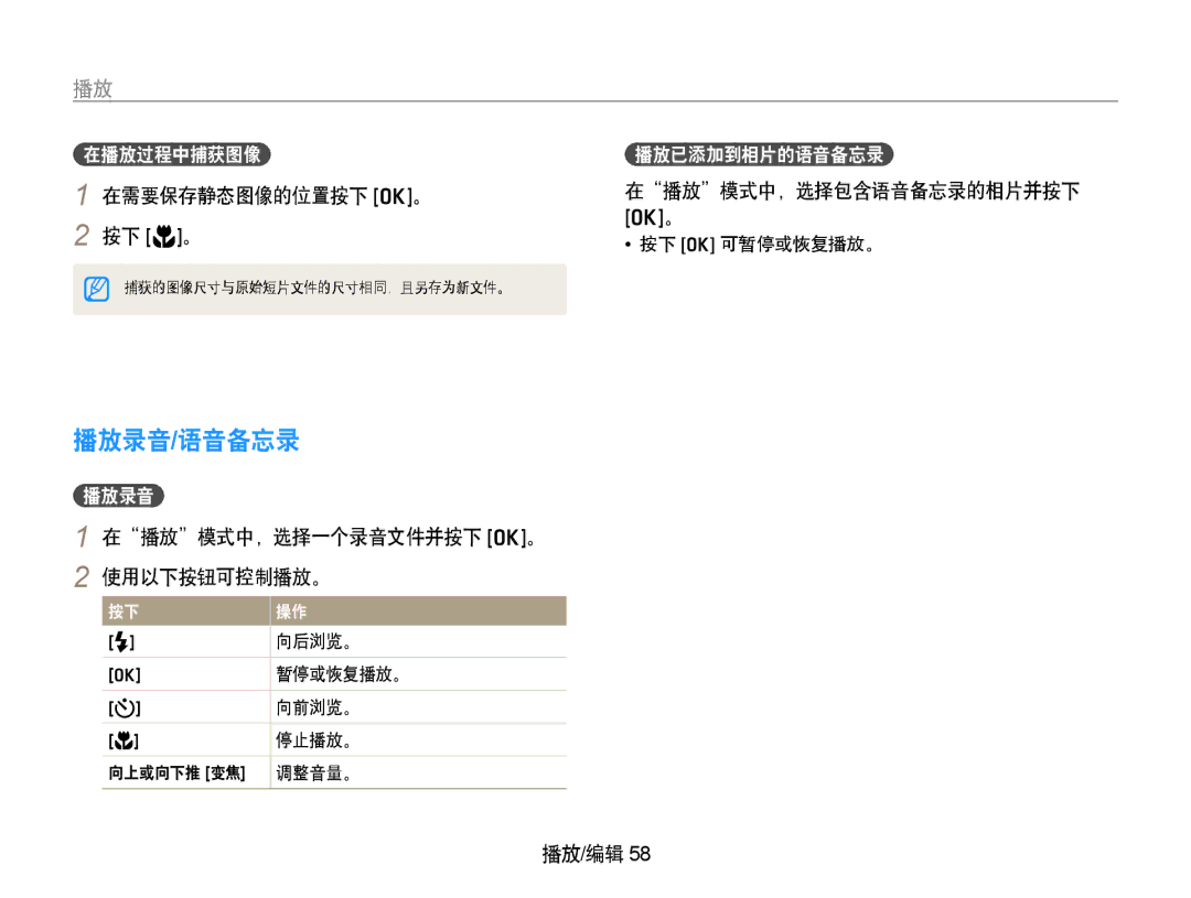 Samsung EC-PL70ZZBPSE3 播放录音/语音备忘录, 在需要保存静态图像的位置按下 o。 按下 M。, 在播放模式中，选择包含语音备忘录的相片并按下, 在播放模式中，选择一个录音文件并按下 o。 2 使用以下按钮可控制播放。 