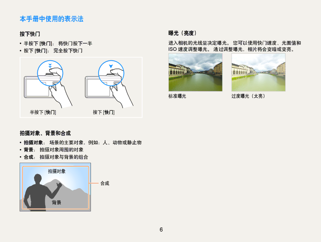 Samsung EC-PL70ZZBPSE1, EC-PL70ZZBCPE1, EC-PL70ZZBPBE3, EC-PL70ZZBPPE3, EC-PL70ZZBPSE3 本手册中使用的表示法, 按下快门 曝光（亮度）, 拍摄对象、背景和合成 