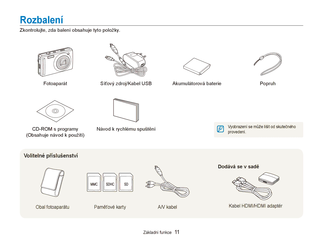 Samsung EC-PL70ZZBPPE3 manual Rozbalení, Volitelné příslušenství, Dodává se v sadě, Obal fotoaparátu Paměťové karty Kabel 