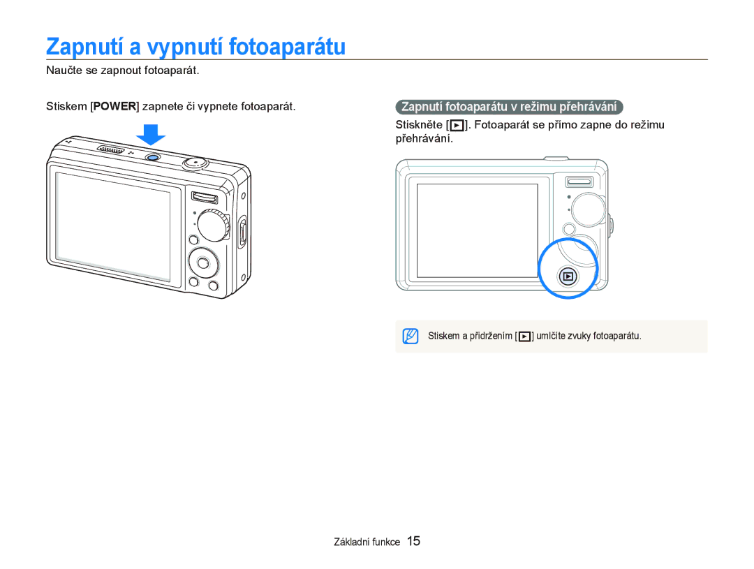 Samsung EC-PL70ZZBPRRU, EC-PL70ZZBPBE1 manual Zapnutí a vypnutí fotoaparátu, Zapnutí fotoaparátu v režimu přehrávání 