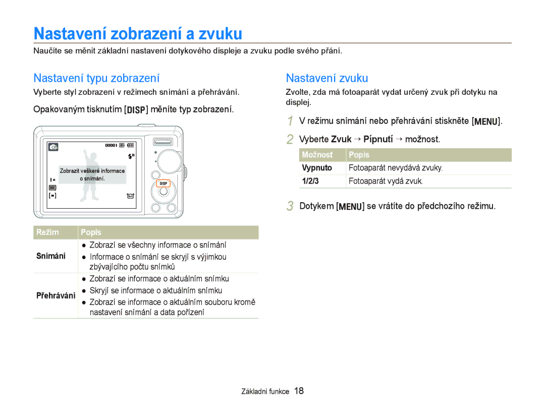 Samsung EC-PL70ZZBPRE3, EC-PL70ZZBPBE1 manual Nastavení zobrazení a zvuku, Nastavení typu zobrazení, Nastavení zvuku 