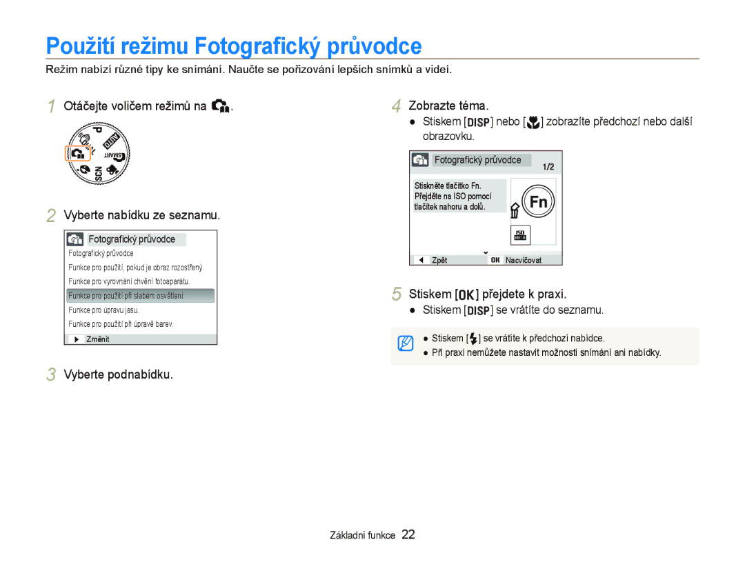 Samsung EC-PL70ZZBCPE3 Použití režimu Fotograﬁcký průvodce, Otáčejte voličem režimů na h Zobrazte téma, Vyberte podnabídku 