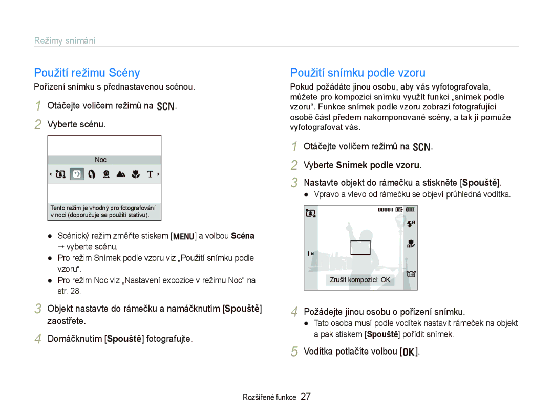 Samsung EC-PL70ZZBPSE3 manual Použití režimu Scény, Použití snímku podle vzoru, Režimy snímání, Vyberte Snímek podle vzoru 