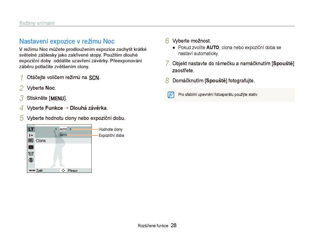 Samsung EC-PL70ZZBPRE3 manual Nastavení expozice v režimu Noc, Otáčejte voličem režimů na s Vyberte Noc Stiskněte m 