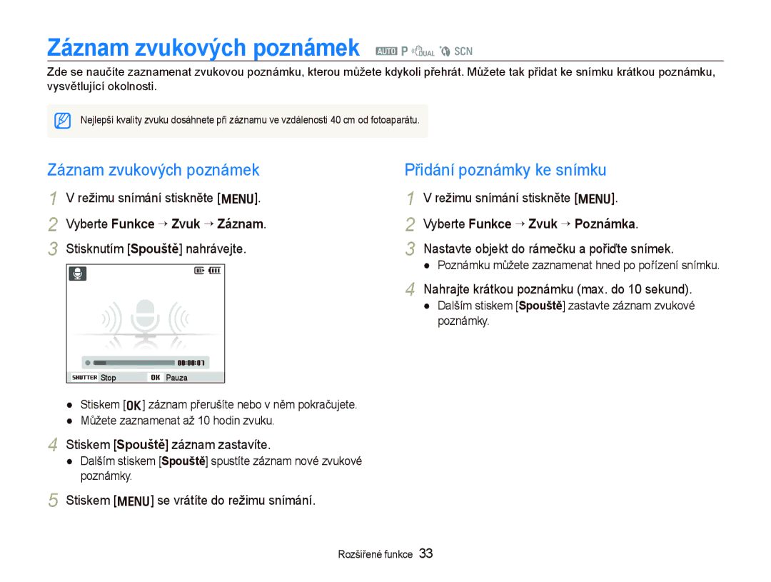 Samsung EC-PL70ZZBPSRU, EC-PL70ZZBPBE1 manual Záznam zvukových poznámek a p d b s, Vyberte Funkce “ Zvuk “ Poznámka 