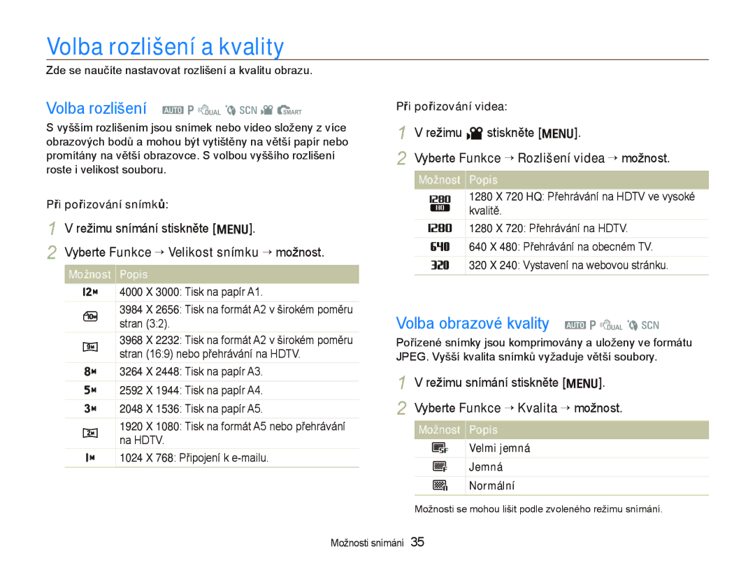 Samsung EC-PL70ZZBPRRU manual Volba rozlišení a kvality, Volba rozlišení a p d b s v S, Volba obrazové kvality a p d b s 