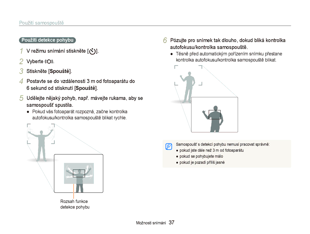 Samsung EC-PL70ZZBPSE3 Použití samospouště, Režimu snímání stiskněte t Vyberte Stiskněte Spouště, Použití detekce pohybu 