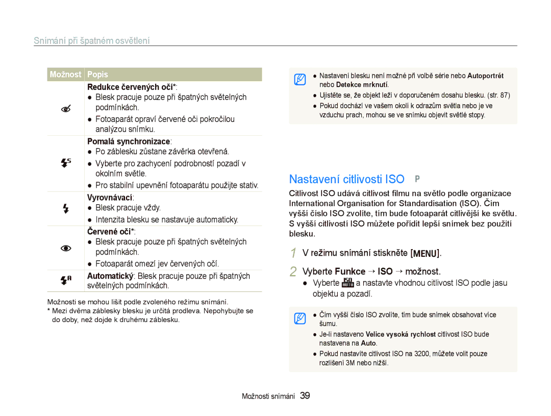 Samsung EC-PL70ZZBPBE1, EC-PL70ZZBPBE3, EC-PL70ZZBPPE3 manual Nastavení citlivosti ISO p, Snímání při špatném osvětlení 