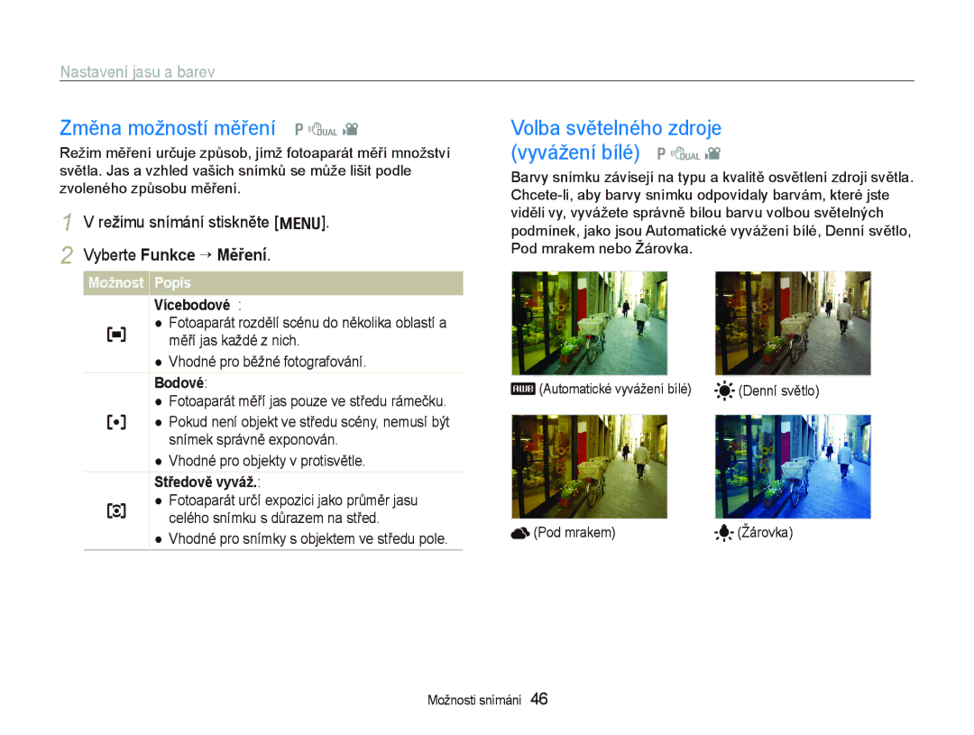 Samsung EC-PL70ZZBPBRU manual Změna možností měření p d, Volba světelného zdroje vyvážení bílé p d, Nastavení jasu a barev 