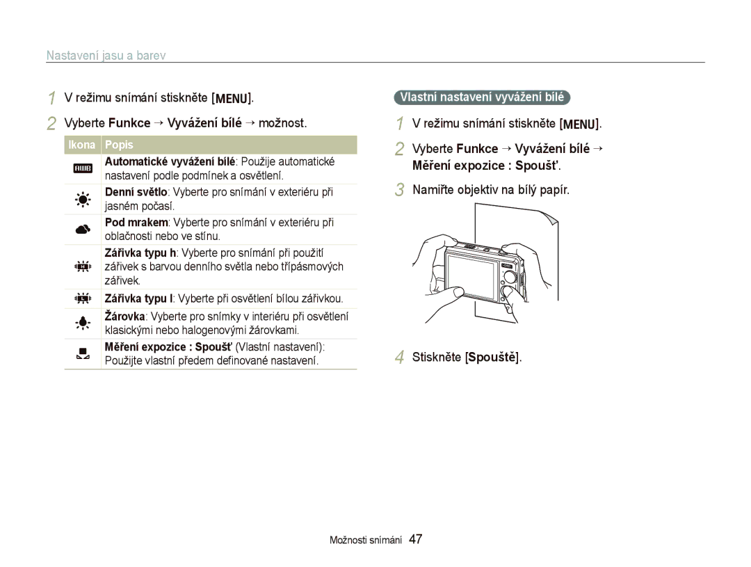 Samsung EC-PL70ZZBPSE3 manual Vyberte Funkce ““Vyvážení bílé “ možnost, Namiřte objektiv na bílý papír Stiskněte Spouště 