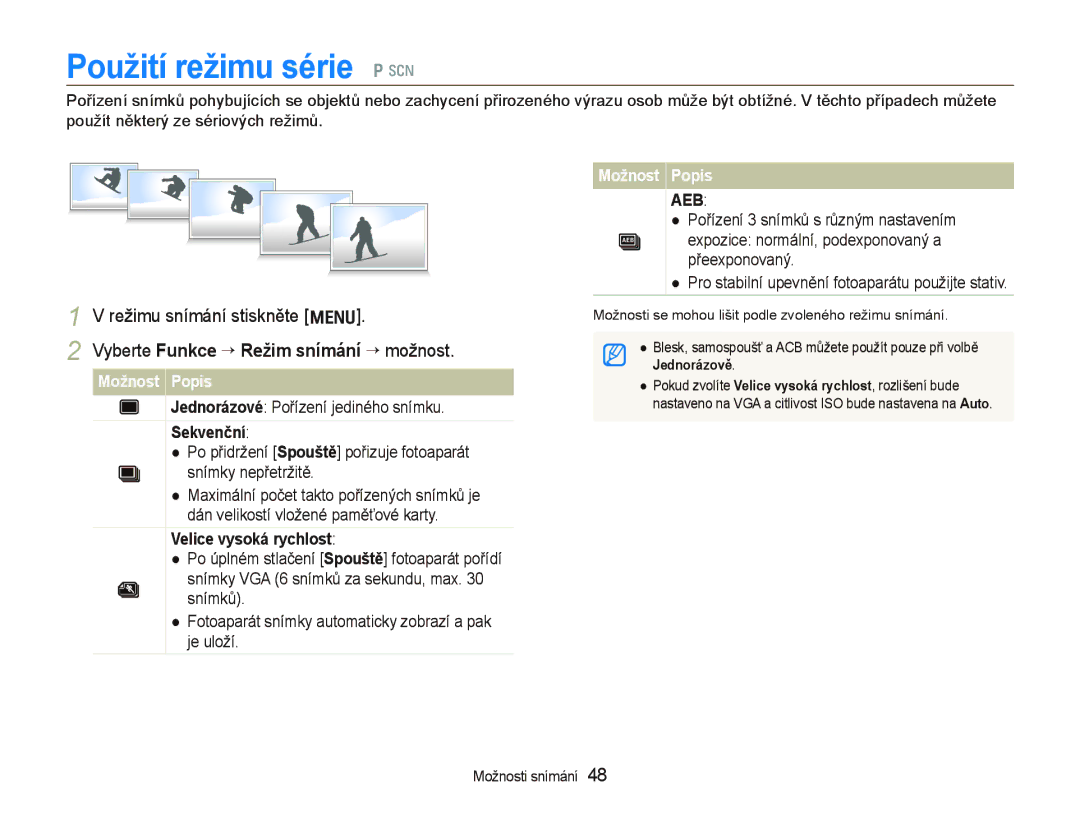 Samsung EC-PL70ZZBPRE3, EC-PL70ZZBPBE1 manual Použití režimu série p s, Vyberte Funkce ““Režim snímání “ možnost, Sekvenční 