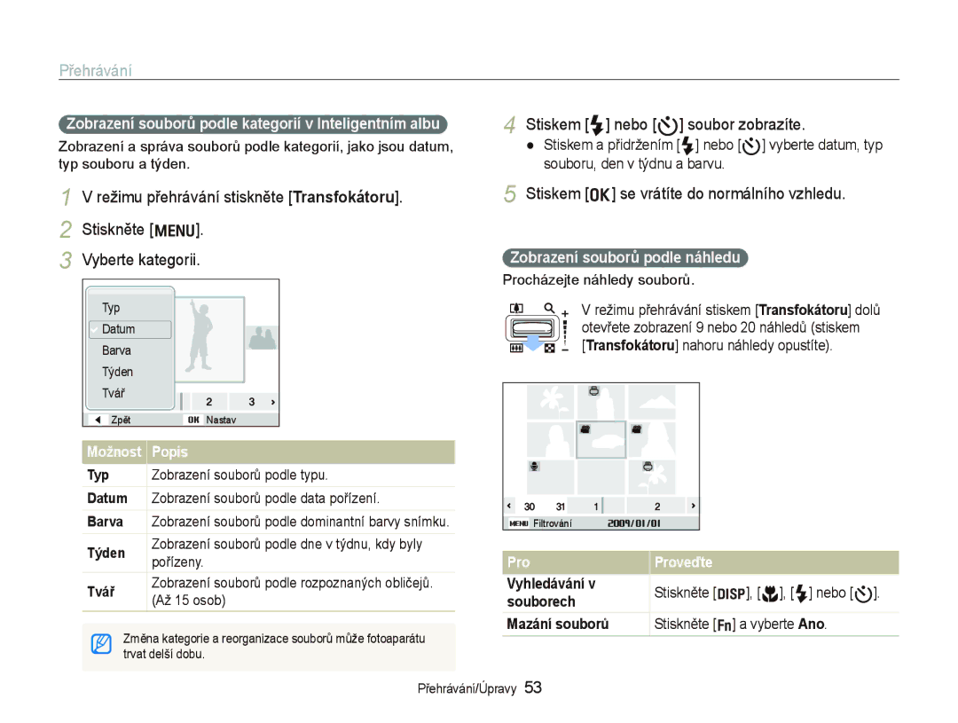 Samsung EC-PL70ZZBPSRU manual Přehrávání, Stiskem F nebo t soubor zobrazíte, Stiskem o se vrátíte do normálního vzhledu 