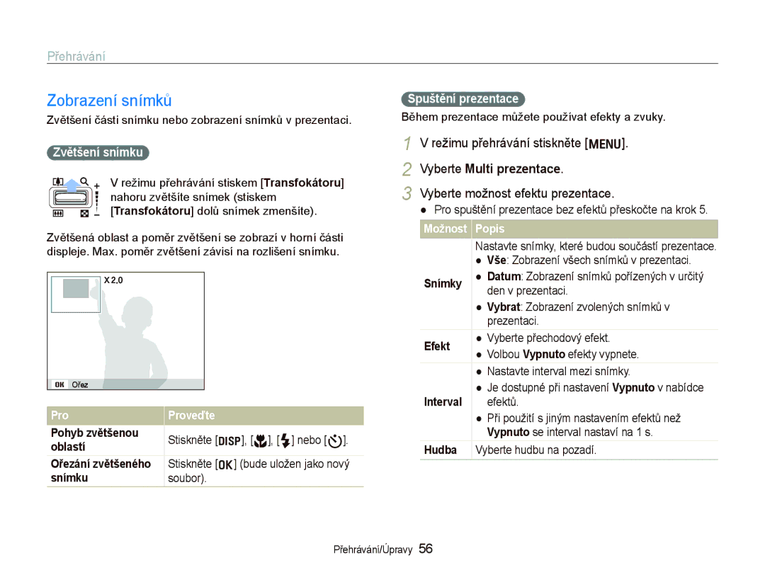 Samsung EC-PL70ZZBPBRU, EC-PL70ZZBPBE1 manual Zvětšení snímku, Pro spuštění prezentace bez efektů přeskočte na krok 