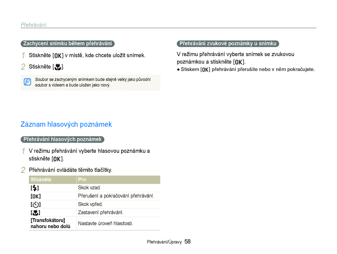 Samsung EC-PL70ZZBPRE3 manual Záznam hlasových poznámek, Stiskněte o v místě, kde chcete uložit snímek Stiskněte M 