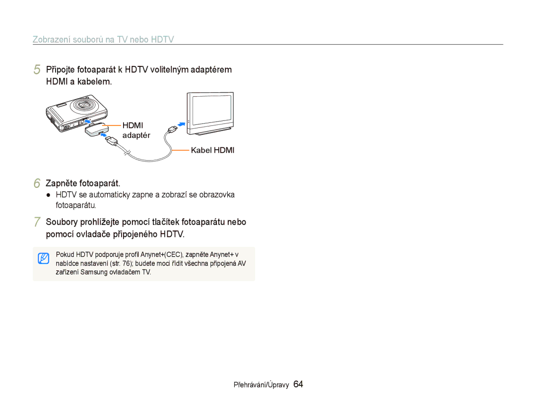 Samsung EC-PL70ZZBPRE1, EC-PL70ZZBPBE1, EC-PL70ZZBPBE3 Zobrazení souborů na TV nebo Hdtv, Zapněte fotoaparát, Kabel Hdmi 